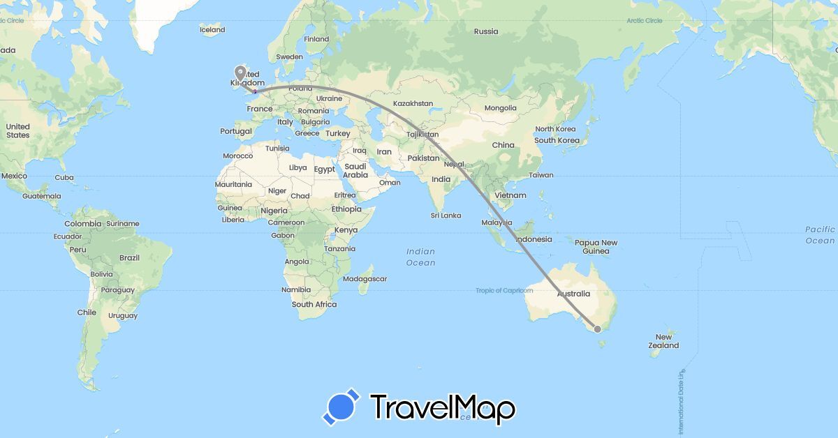 TravelMap itinerary: driving, plane, train in Australia, United Kingdom, Ireland (Europe, Oceania)